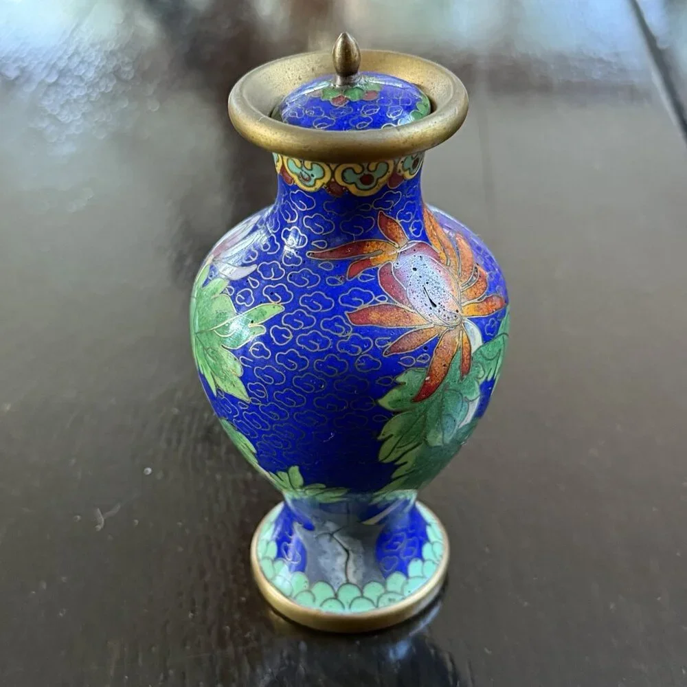 Vintage Chinese Cloisonne Enamel Vase Lidded Brass Enamel Flower Motifs Decor